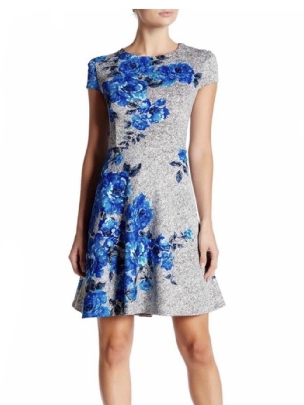 Betsey Johnson Gray Midi Dress with Blue Floral Print